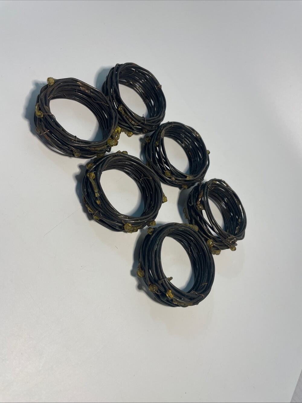 Set of 6 Rustic Woven Dark Metal Wire Napkin Rings with Gold Beaded Accents